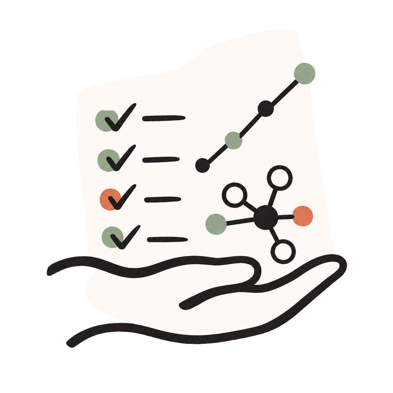 Hand-drawn illustration: a hand holding a checklist and a rising trend chart with a molecule