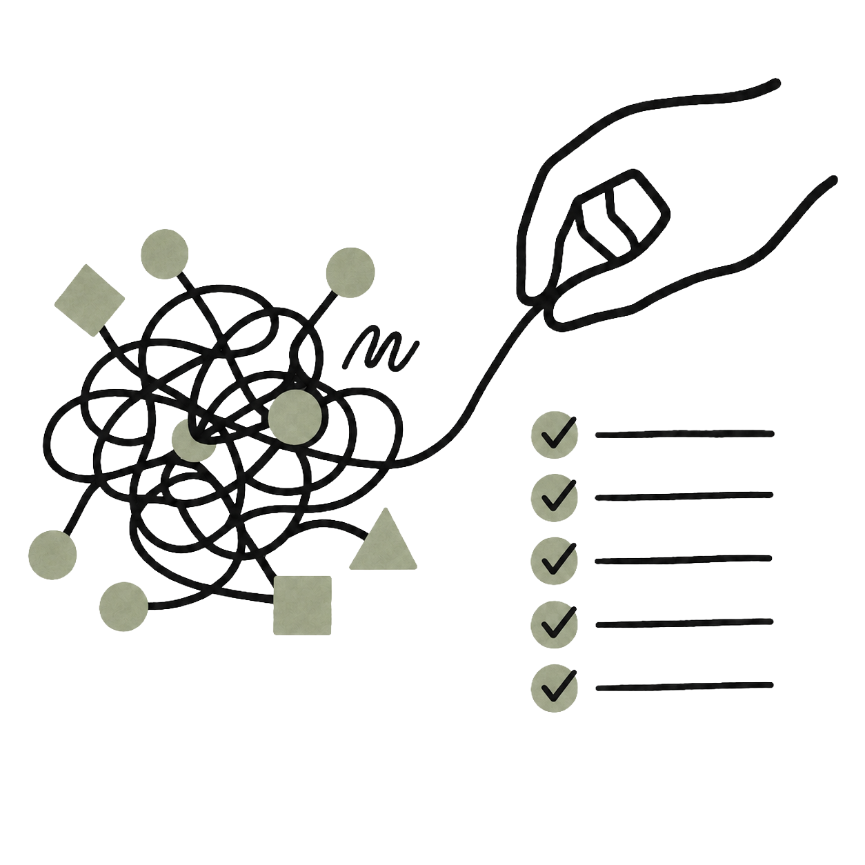 Hand-drawn illustration: untangling a knot of peptide molecules into a clear checklist